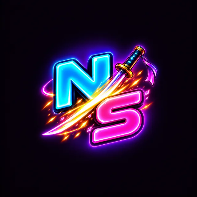 Neon Slash logo: the letters N and S cut by a neon katana